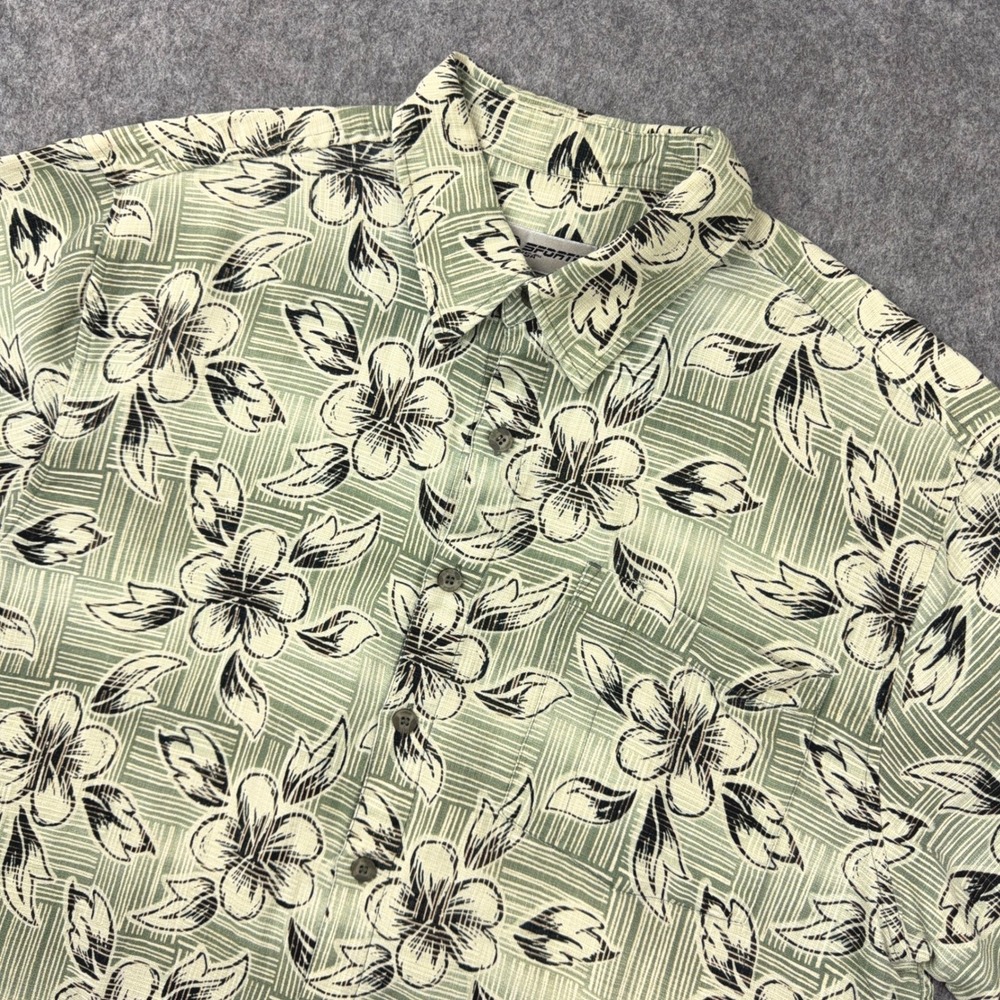 VTG Sportif USA Shirt Mens Large Green Floral Silk Hawaiian Camp Button Up Beach